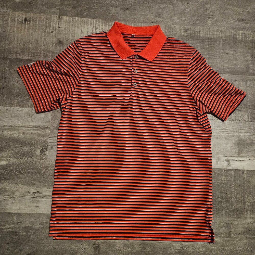 Adidas Golf Polo Shirt  Mens Bright Pink Blue Stripes Short Sleeve
